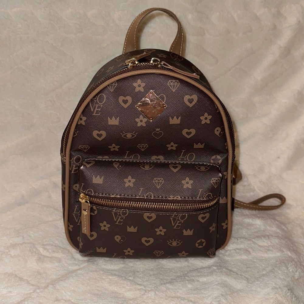 Claire’s Brown Tan LOVE Hearts Jewels Crowns Print Faux Leather Mini Backpack